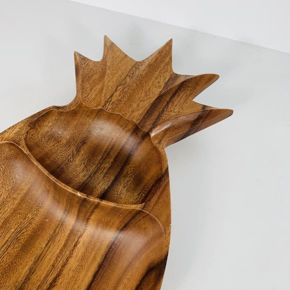 Monkey Pod Hand Craved Wooden Pineapple Shaped Tiki Serving Tray 2 Section - Picture 2 of 11